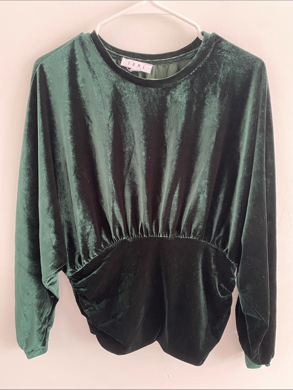 THML Velvet Bohemian Ruched Batwing Top Green Size Medium